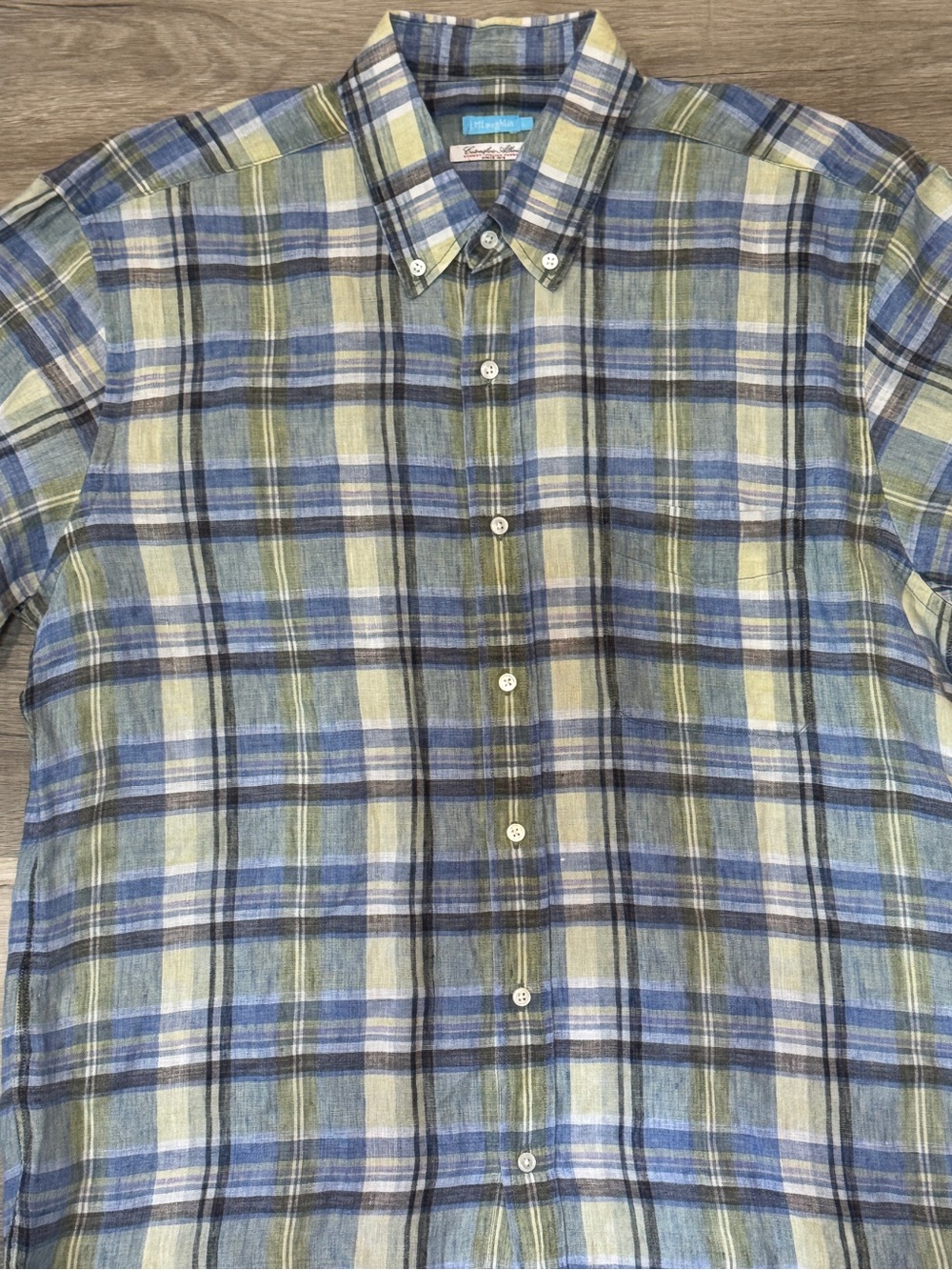 J. McLaughlin Blue, Green and Cream Plaid Button-Down 100% Linen Shirt